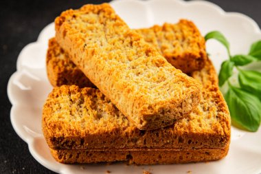 Toast bread grilletine breadcrumbs natural product tasty snack fresh delicious gourmet food background on the table rustic top view copy space