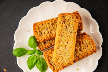 Toast bread grilletine breadcrumbs natural product tasty snack fresh delicious gourmet food background on the table rustic top view copy space