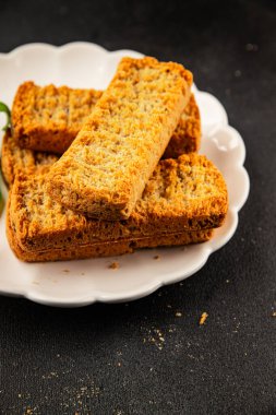 Toast bread grilletine breadcrumbs natural product tasty snack fresh delicious gourmet food background on the table rustic top view copy space