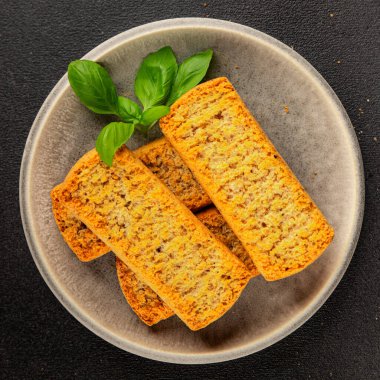 Toast bread grilletine breadcrumbs natural product tasty snack fresh delicious gourmet food background on the table rustic top view copy space