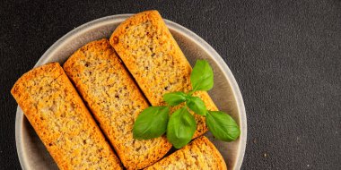 Toast bread grilletine breadcrumbs natural product tasty snack fresh delicious gourmet food background on the table rustic top view copy space