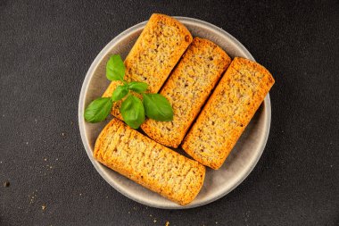 Toast bread grilletine breadcrumbs natural product tasty snack fresh delicious gourmet food background on the table rustic top view copy space