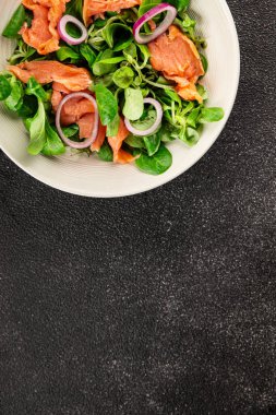 Somon salatası aperatifi deniz ürünleri taze balık taze porsiyon doğal ürün lezzetli aperatif lezzetli gurme yemek arkaplan masa üzerinde rustik üst görünüm fotokopi alanı keto ve paleo diyet vejetaryen diyet pesseeter diyet