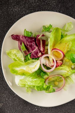 Hindiba salatası yeşil yaprak karışımı sebzeler... doğal ürün... lezzetli yemek... lezzetli gurme yemek... masanın üstünde... kırsal üst görünüm... fotokopi alanı... keto ve paleo diyet vegan ve vejetaryen yiyecekler.