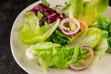 Hindiba salatası yeşil yaprak karışımı sebzeler... doğal ürün... lezzetli yemek... lezzetli gurme yemek... masanın üstünde... kırsal üst görünüm... fotokopi alanı... keto ve paleo diyet vegan ve vejetaryen yiyecekler.
