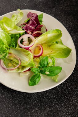 Hindiba salatası yeşil yaprak karışımı sebzeler... doğal ürün... lezzetli yemek... lezzetli gurme yemek... masanın üstünde... kırsal üst görünüm... fotokopi alanı... keto ve paleo diyet vegan ve vejetaryen yiyecekler.