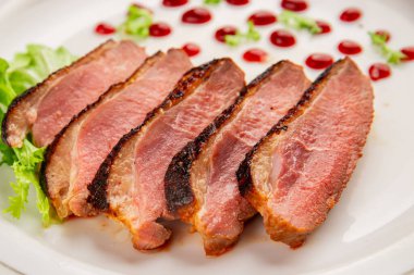 Duck breast roast poultry fresh natural product tasty snack delicious gourmet food background on the table rustic top view copy space