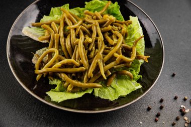 Çalı fasulyesi, yeşil fasulye, sebze, sebze, sebze, çerez, lezzetli, gurme, arka plan, masa, kırsal kesim, fotokopi alanı, vejetaryen ve vejetaryen yemekleri.