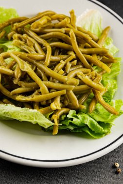 Çalı fasulyesi, yeşil fasulye, sebze, sebze, sebze, çerez, lezzetli, gurme, arka plan, masa, kırsal kesim, fotokopi alanı, vejetaryen ve vejetaryen yemekleri.