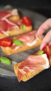 jamon bruschetta prosciutto appetizer portioned tapas dish natural tasty snack fresh delicious gourmet food background on the table rustic top view copy space