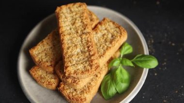 Toast bread grilletine breadcrumbs natural product tasty snack fresh delicious gourmet food background on the table rustic top view copy space