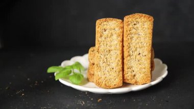 Toast bread grilletine breadcrumbs natural product tasty snack fresh delicious gourmet food background on the table rustic top view copy space