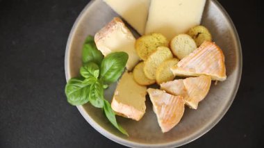 Peynir tabağı farklı peynir çeşidi aperatif lezzetli aperatif lezzetli gurme yemek arkaplanı masanın kırsal kesiminde fotokopi alanı