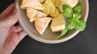 Peynir tabağı farklı peynir çeşidi aperatif lezzetli aperatif lezzetli gurme yemek arkaplanı masanın kırsal kesiminde fotokopi alanı