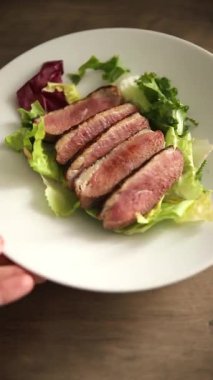 Ördek göğsü kızarmış kümes hayvanları taze doğal lezzetli aperatif lezzetli gurme yemek arka planı masa rustik üst manzara fotokopi alanı