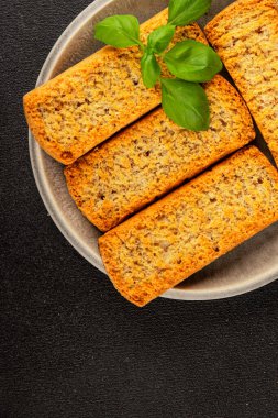 Toast bread grilletine breadcrumbs natural product tasty snack fresh delicious gourmet food background on the table rustic top view copy space