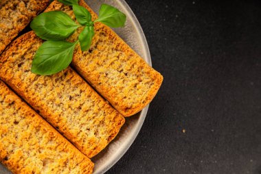 Toast bread grilletine breadcrumbs natural product tasty snack fresh delicious gourmet food background on the table rustic top view copy space