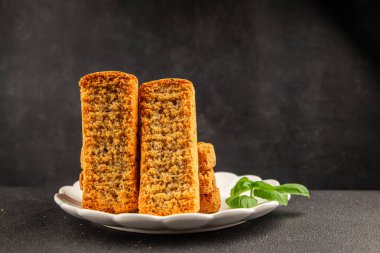 Toast bread grilletine breadcrumbs natural product tasty snack fresh delicious gourmet food background on the table rustic top view copy space