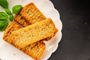 Toast bread grilletine breadcrumbs natural product tasty snack fresh delicious gourmet food background on the table rustic top view copy space