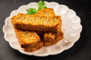 Toast bread grilletine breadcrumbs natural product tasty snack fresh delicious gourmet food background on the table rustic top view copy space