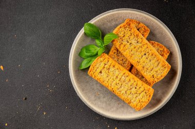Toast bread grilletine breadcrumbs natural product tasty snack fresh delicious gourmet food background on the table rustic top view copy space