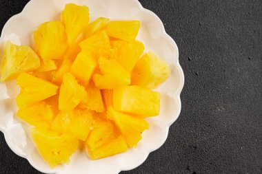 Ananas konserveleri tatlı meyve parçaları lezzetli çerezler lezzetli gurme yemek arkaplan masa üzerinde rustik üst görünüm fotokopi alanı keto ve paleo diyet vejetaryen ve vejetaryen gıda
