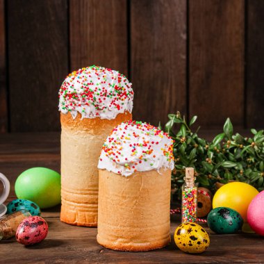 Paskalya pastası tatlı pasta geleneksel bayram hristiyanlığı organik ürün taze lezzetli gurme yemek arkaplanı masa kırsal gıdaların üst görünümü fotokopi alanı