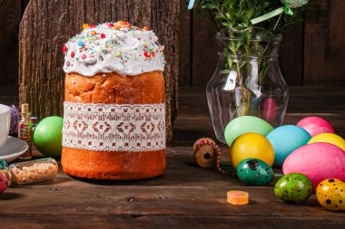 Paskalya pastası tatlı pasta geleneksel bayram hristiyanlığı organik ürün taze lezzetli gurme yemek arkaplanı masa kırsal gıdaların üst görünümü fotokopi alanı