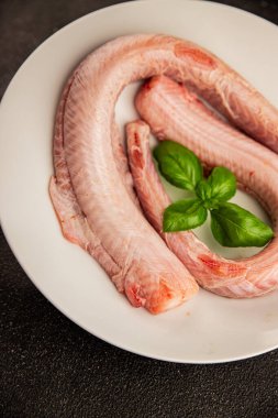 Çiğ kaya yılanbalığı balığı balığı, somon balığı, deniz ürünleri, küçük benekli kedi balığı, lezzetli çerez, lezzetli gurme yemek arka planı, masanın kırsal kesiminde, fotokopi alanı, pesseeter diyeti.