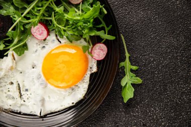 Yumurtalı puding, yumurta, sebze, roka porsiyon doğal ürün çerez lezzetli leziz gurme yemek arka planı masanın kırsal kesiminde fotokopi alanı