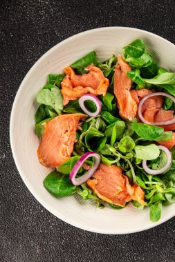 Somon salatası aperatifi deniz ürünleri taze balık taze porsiyon doğal ürün lezzetli aperatif lezzetli gurme yemek arkaplan masa üzerinde rustik üst görünüm fotokopi alanı keto ve paleo diyet vejetaryen diyet pesseeter diyet