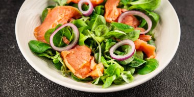 Somon salatası aperatifi deniz ürünleri taze balık taze porsiyon doğal ürün lezzetli aperatif lezzetli gurme yemek arkaplan masa üzerinde rustik üst görünüm fotokopi alanı keto ve paleo diyet vejetaryen diyet pesseeter diyet