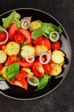 Panzanella salatası domates, kızarmış ekmek, soğan sebzeler... doğal yemek... lezzetli aperatif... lezzetli gurme yemek arka planı... masanın kırsal kesiminde fotokopi alanı.