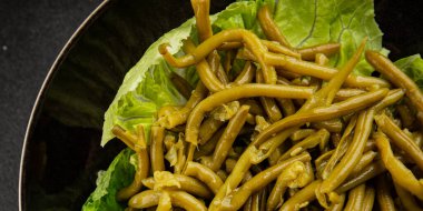 Çalı fasulyesi, yeşil fasulye, sebze, sebze, sebze, çerez, lezzetli, gurme, arka plan, masa, kırsal kesim, fotokopi alanı, vejetaryen ve vejetaryen yemekleri.