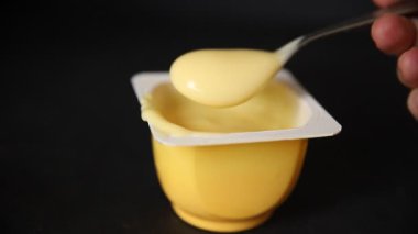 Kremalı tatlı vanilyalı tatlı doğal iştah açıcı taze lezzetli gurme yemek arkaplanı masanın kırsal kesiminde fotokopi alanı.