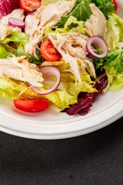 Salata tavuğu, et ve sebze domates, yeşil yaprak marul, soğan doğal ürün lezzetli aperatif taze lezzetli gurme yemek arka planı masa rustik üst manzara fotokopi alanı keto ve paleo diyeti