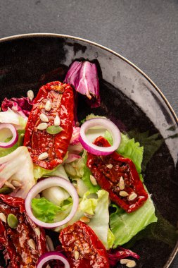 Salata, kurutulmuş domates, yeşil yaprak, soğan, doğal ürün, lezzetli aperatif. Lezzetli gurme yemek arkaplanı, masa, rustik üst manzara, fotokopi alanı, vejetaryen diyeti ve vejetaryen yemeği.