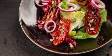 Salata, kurutulmuş domates, yeşil yaprak, soğan, doğal ürün, lezzetli aperatif. Lezzetli gurme yemek arkaplanı, masa, rustik üst manzara, fotokopi alanı, vejetaryen diyeti ve vejetaryen yemeği.