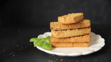 Toast bread grilletine breadcrumbs natural product tasty snack fresh delicious gourmet food background on the table rustic top view copy space