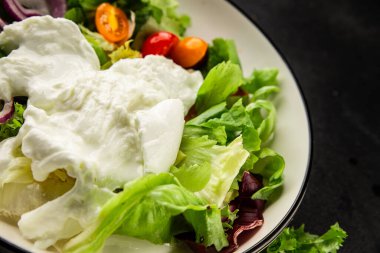 Burrata salatası domates, mor soğan, yeşil yaprak marul lezzetli aperatif taze gurme yemek masası kırsal yemek üst görünüm fotokopi alanı keto ve paleo diyet vejetaryen yemeği.