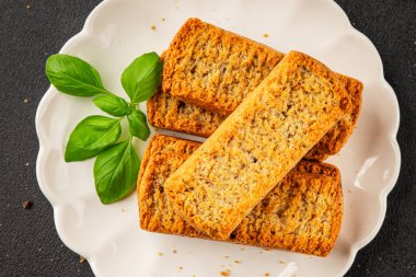 Toast bread grilletine breadcrumbs natural product tasty snack fresh delicious gourmet food background on the table rustic top view copy space