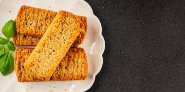Toast bread grilletine breadcrumbs natural product tasty snack fresh delicious gourmet food background on the table rustic top view copy space