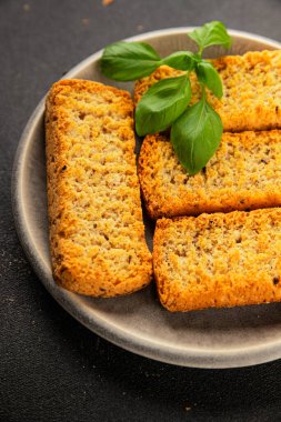 Toast bread grilletine breadcrumbs natural product tasty snack fresh delicious gourmet food background on the table rustic top view copy space