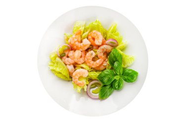 Karidesli salata, deniz ürünleri, lezzetli çerezler, lezzetli gurme yemek arka planı, rustik üst görünüm fotokopi alanı keto ve paleo diyeti, vejetaryen diyeti, pesseeter diyet.