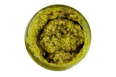 Pesto soslu fesleğen, zeytinyağı, parmesan, çam fıstığı, sarımsaklı doğal ürün lezzetli çerez, lezzetli yemek arkaplan rustik üst görünüm fotokopi alanı.