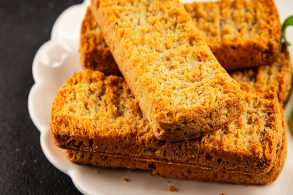 Toast bread grilletine breadcrumbs natural product tasty snack fresh delicious gourmet food background on the table rustic top view copy space