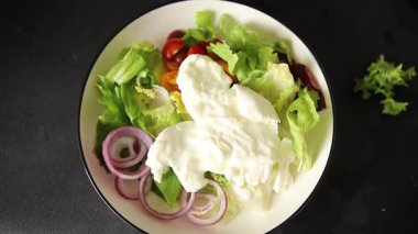 Burrata peyniri domates, mor soğan, yeşil yaprak marul lezzetli aperatif taze gurme yemek masası kırsal yiyeceklerin üst görünümü fotokopi alanı keto ve paleo diyet vejetaryen yemeği.