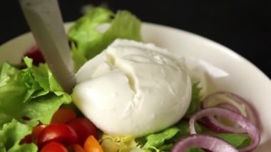 Burrata peyniri domates, mor soğan, yeşil yaprak marul lezzetli aperatif taze gurme yemek masası kırsal yiyeceklerin üst görünümü fotokopi alanı keto ve paleo diyet vejetaryen yemeği.