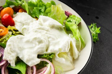 Burrata salatası domates, mor soğan, yeşil yaprak marul lezzetli aperatif taze gurme yemek masası kırsal yemek üst görünüm fotokopi alanı keto ve paleo diyet vejetaryen yemeği.