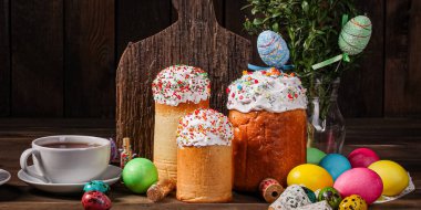 Paskalya pastası tatlı pasta geleneksel bayram hristiyanlığı organik ürün taze lezzetli gurme yemek arkaplanı masa kırsal gıdaların üst görünümü fotokopi alanı